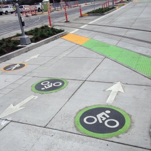 Shared-use paths are nicely and obviously marked for both bikes and peds