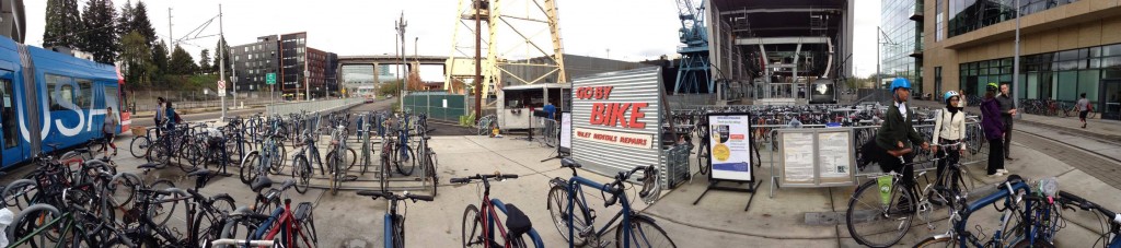 Valet bike parking area near the tram station