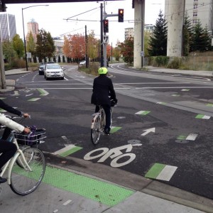 Shared use path markings crossing a busy intersection.