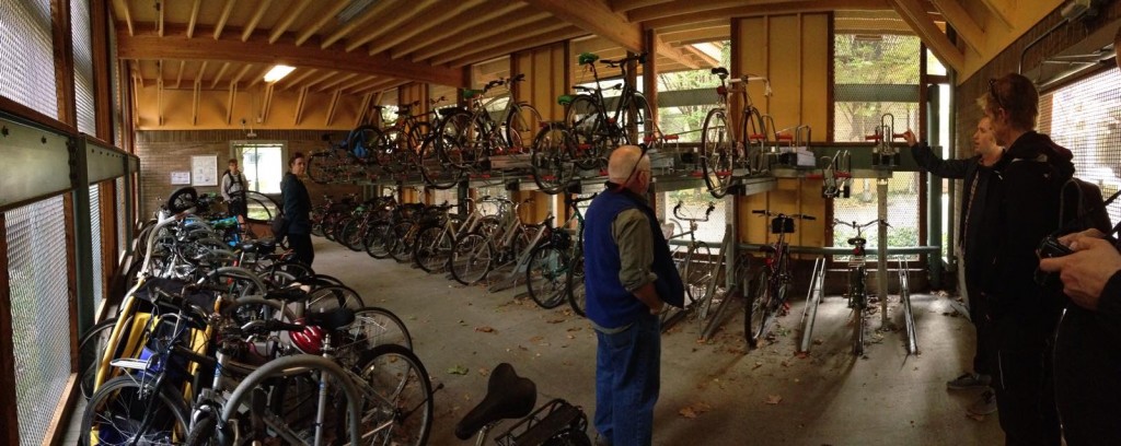 Interior of the one free-standing secure bike parking facility at PSU.