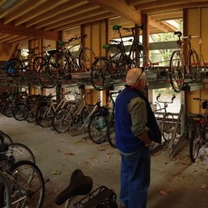 Interior of the one free-standing secure bike parking facility at PSU.