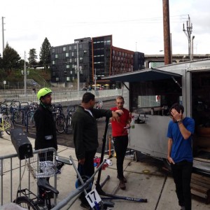 Valet bike parking area near the tram station