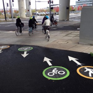 Shared-use paths are nicely and obviously marked for both bikes and peds