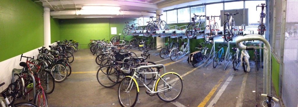 Interior of one secure bike parking facility at PSU.