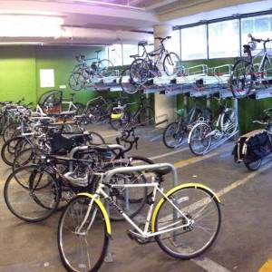 Interior of one secure bike parking facility at PSU.