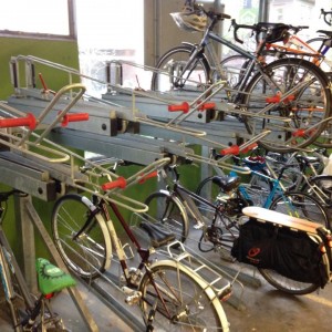 Detail of double-stack racks in one of PSU's secure bike parking facility.