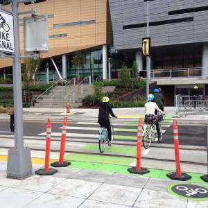 Crossing over to tour PSU's newest jammed bike commuter facility.