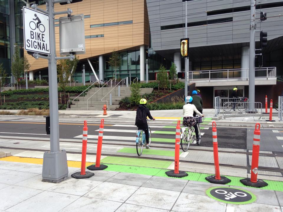 Crossing over to tour PSU's newest jammed bike commuter facility.